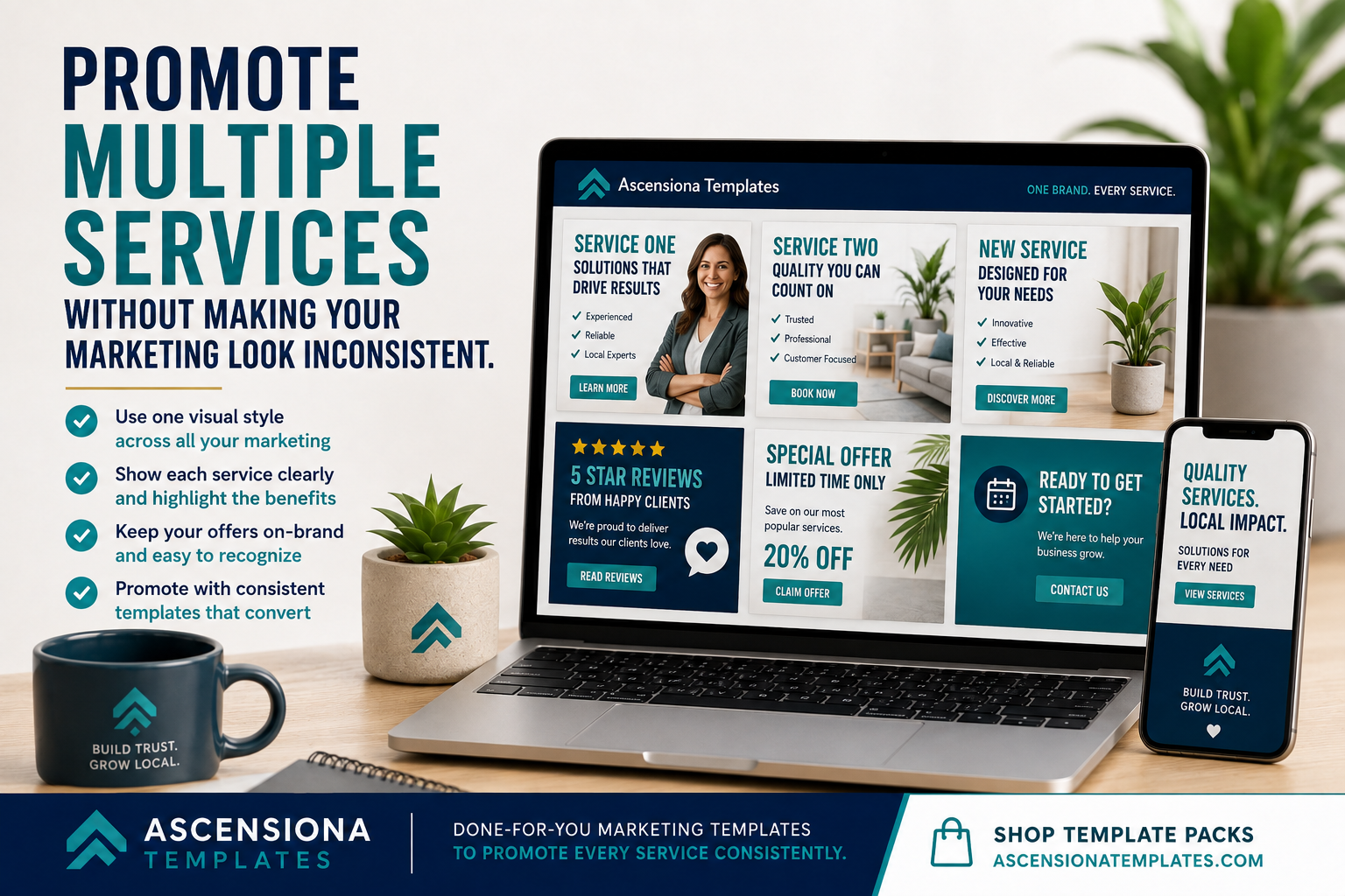 Consistent local business marketing templates for promoting multiple services with one clear brand style