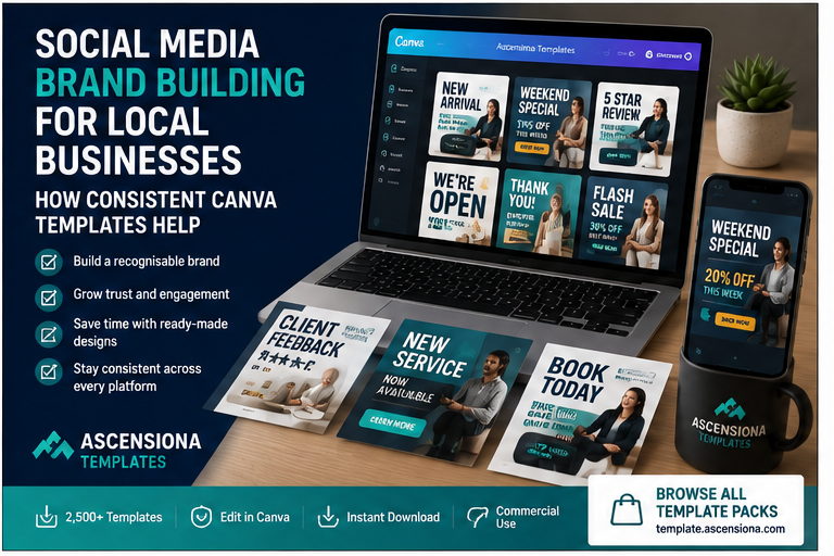 Social media brand building templates for local businesses using editable Canva marketing designs
