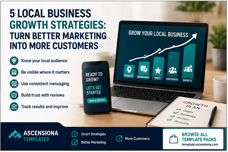 Local business growth marketing strategy templates with editable Canva designs for promotions and customer engagement