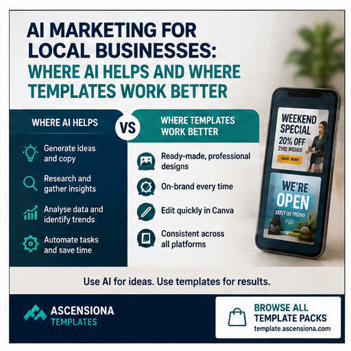 AI marketing for local businesses showing where AI tools and ready-made Canva marketing templates work together