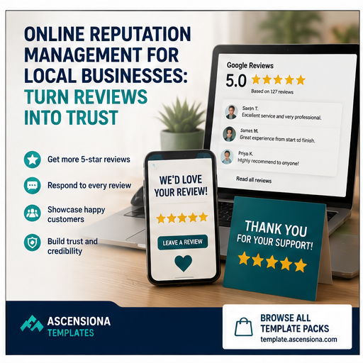 Online reputation management for local businesses using customer reviews, trust signals and ready-made marketing templates