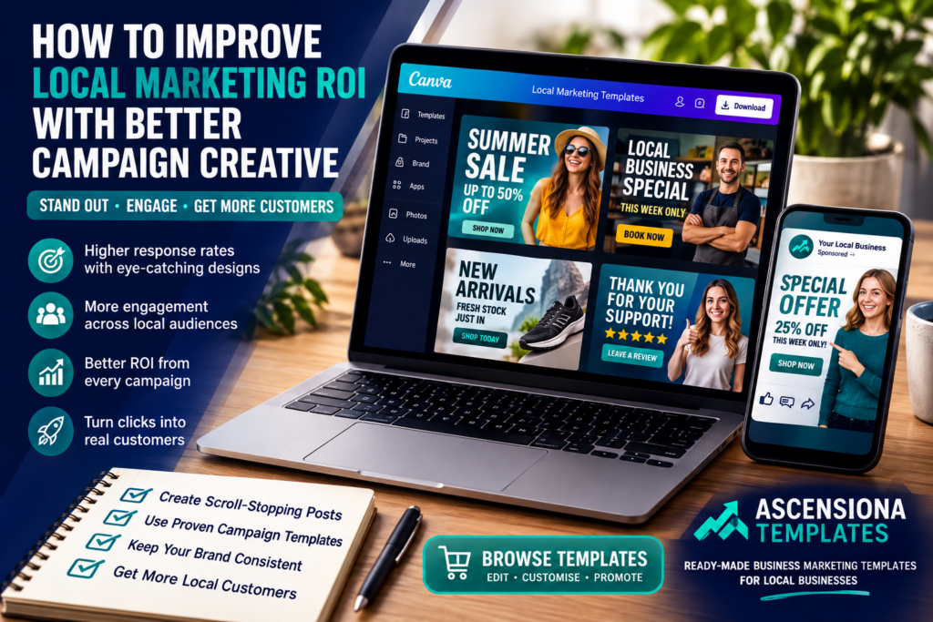 Local marketing ROI campaign creative using editable Canva templates for offers, promotions and customer engagement