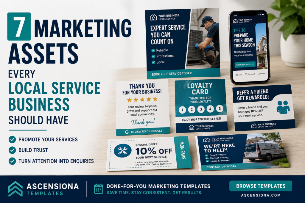 Seven essential marketing assets for a local service business including offers, reviews, loyalty, referrals and social posts