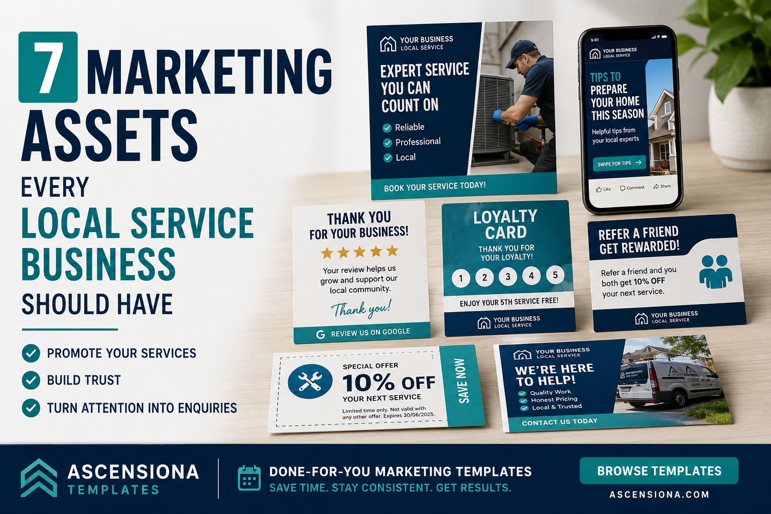 Seven essential marketing assets for a local service business including offers, reviews, loyalty, referrals and social posts
