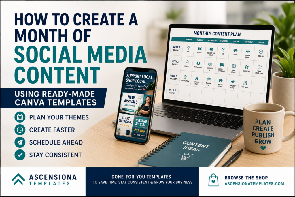 Monthly social media content plan for a local business using ready-made Canva marketing templates
