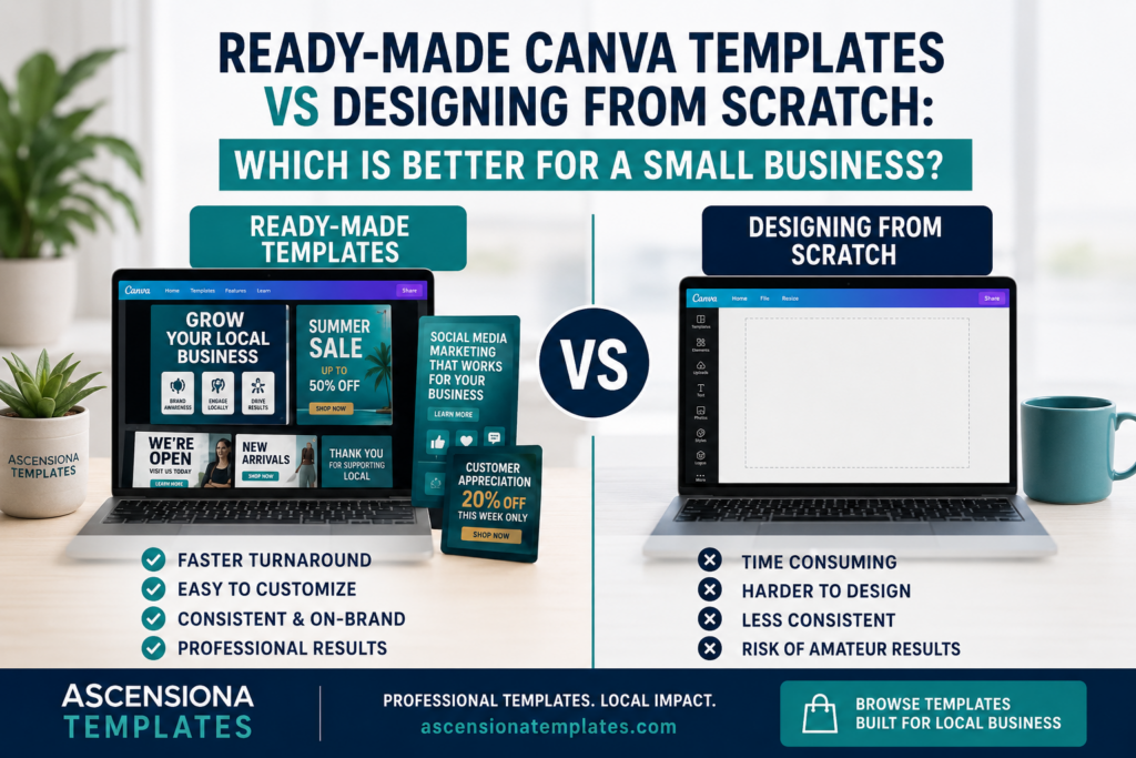 Ready-made Canva templates compared with designing marketing graphics from scratch for a small business