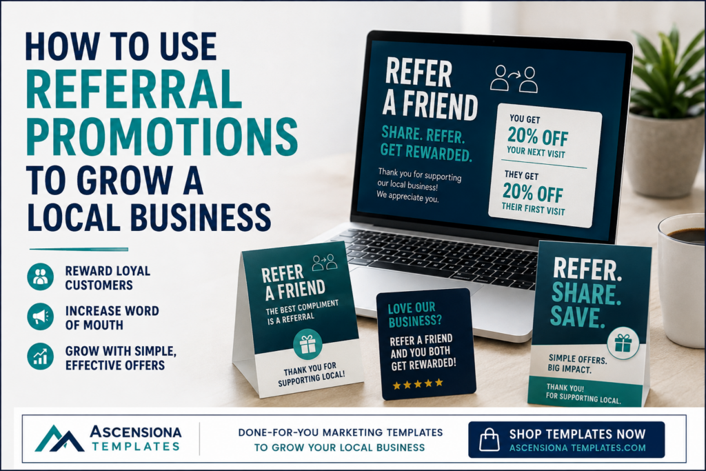 Referral promotion templates for a local business with refer-a-friend offers and customer rewards