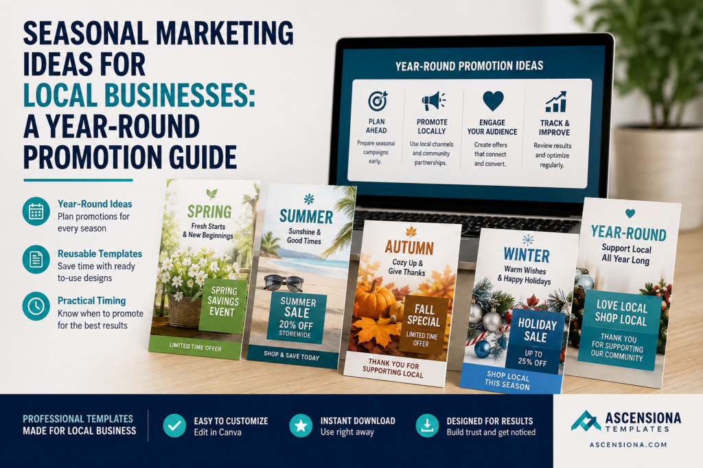 Year-round seasonal marketing ideas for local businesses with spring, summer, autumn and winter promotion templates