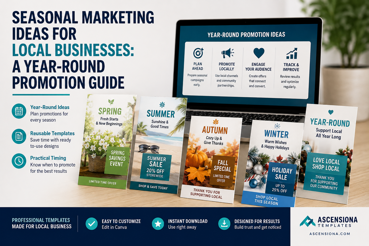 Year-round seasonal marketing ideas for local businesses with spring, summer, autumn and winter promotion templates